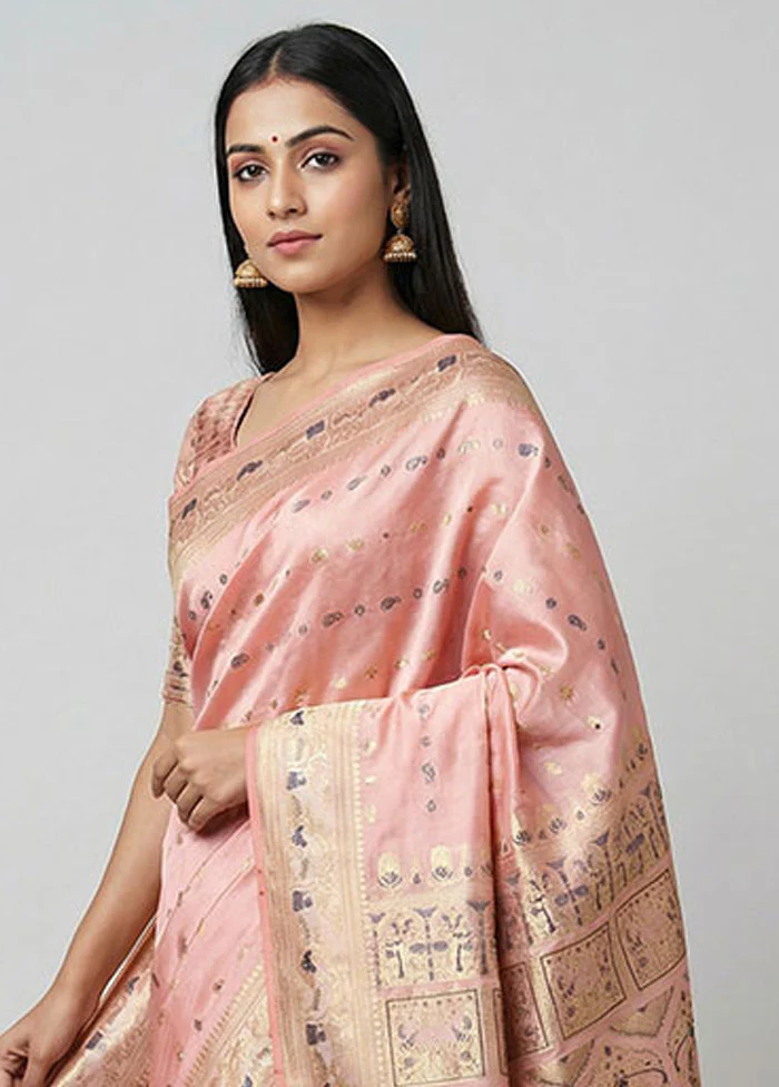 Pink Handloom Baluchari Pure Silk Saree With Blouse Piece - Image 2