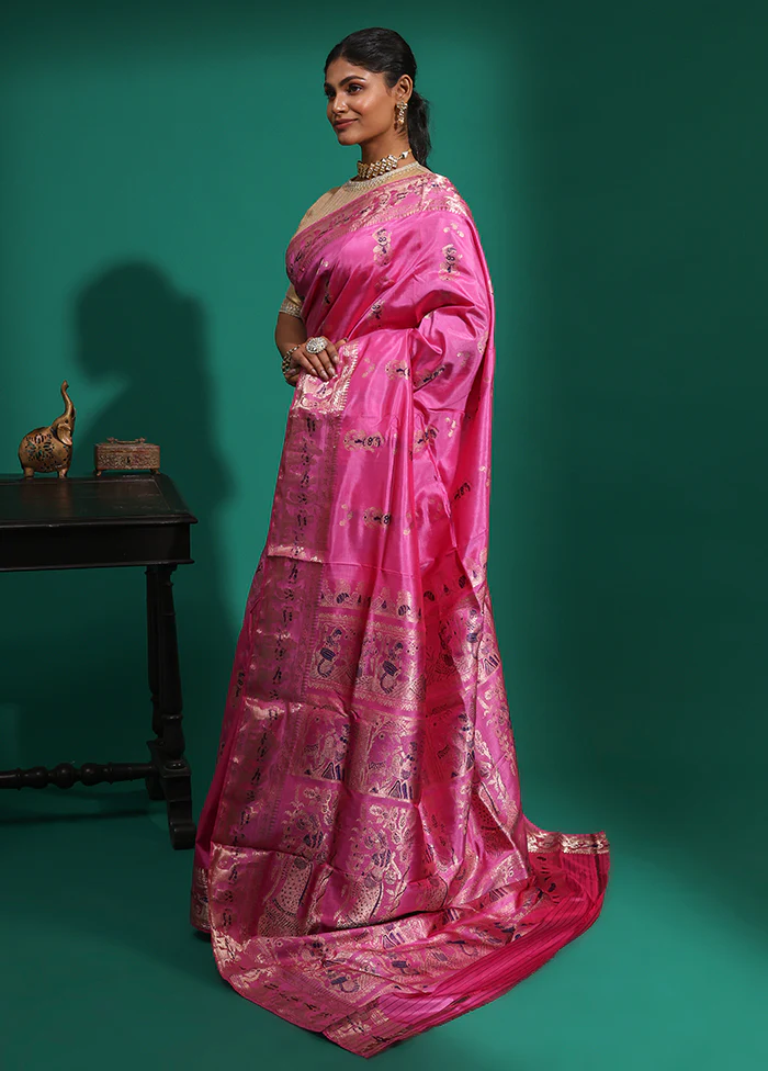 Pink Handloom Baluchari Pure Silk Saree With Blouse Piece - Image 4