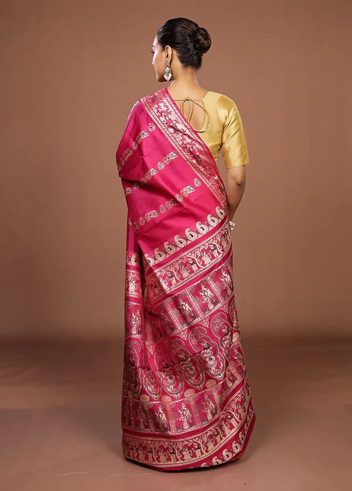 Pink Handloom Baluchari Pure Silk Saree With Blouse Piece - Image 3