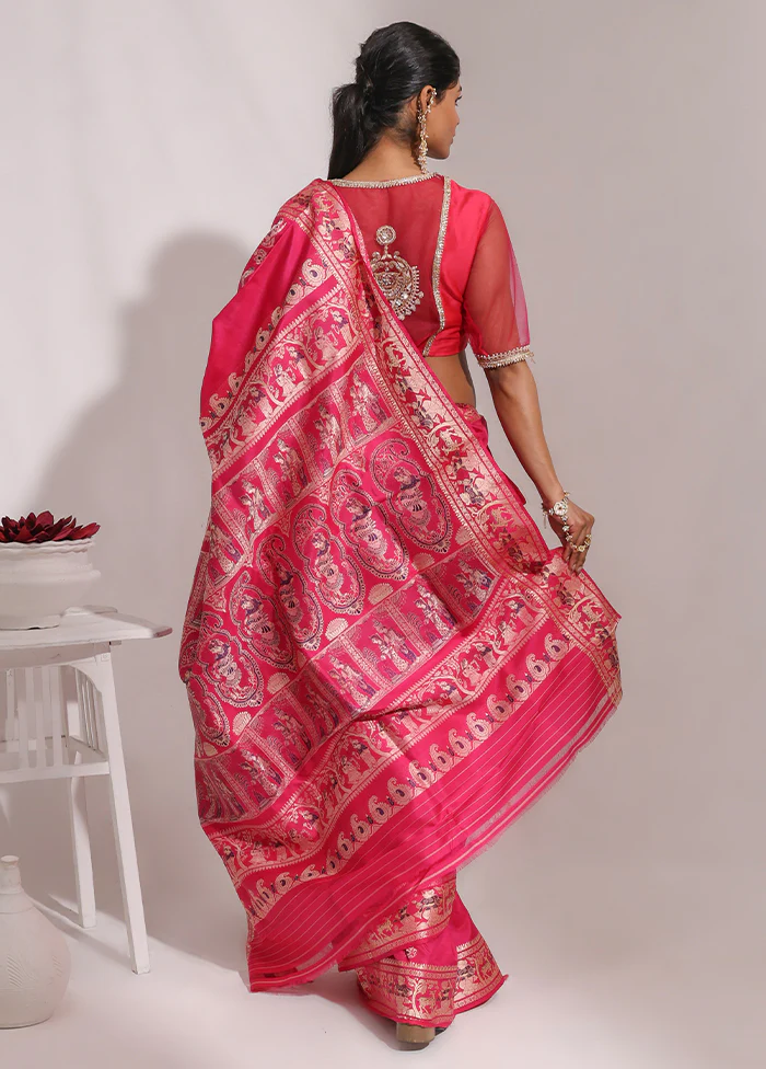 Pink Handloom Baluchari Pure Silk Saree With Blouse Piece - Image 3