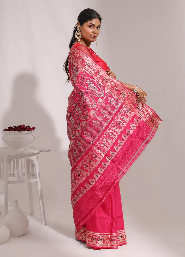 Pink Handloom Baluchari Pure Silk Saree With Blouse Piece - Image 4