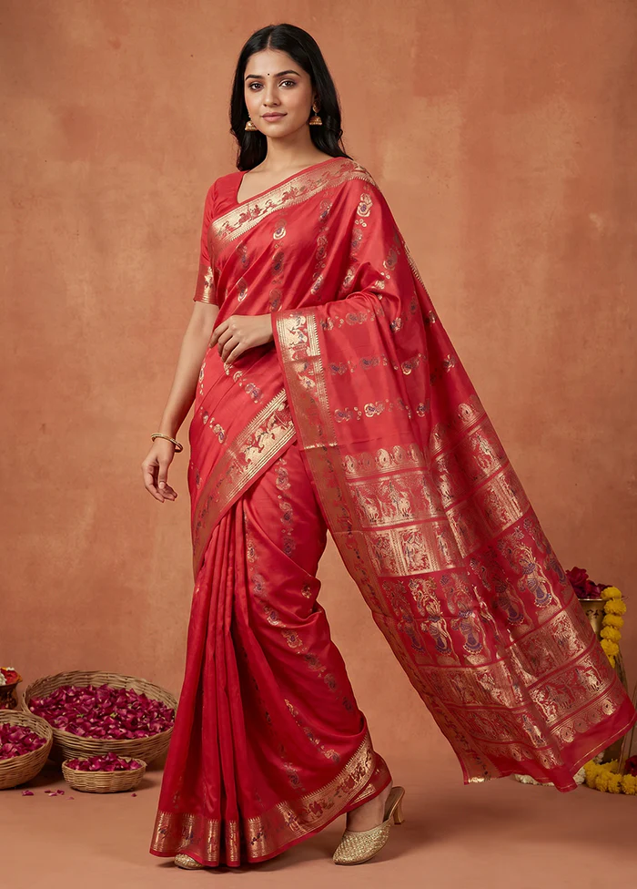 Pink Handloom Baluchari Pure Silk Saree With Blouse Piece