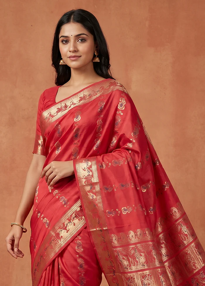 Pink Handloom Baluchari Pure Silk Saree With Blouse Piece - Image 2