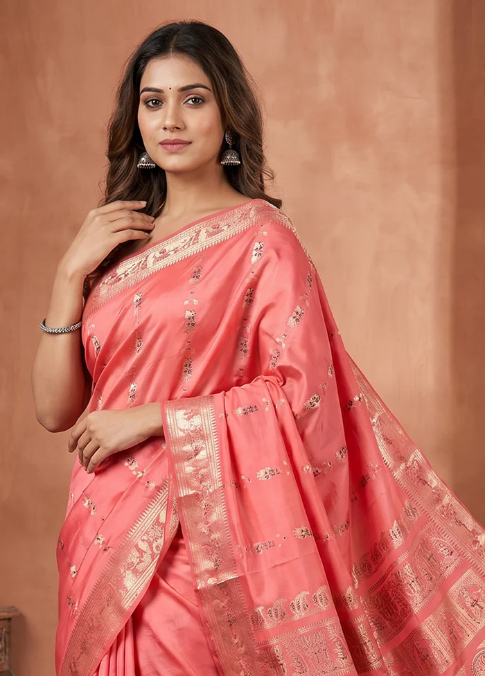 Pink Handloom Baluchari Pure Silk Saree With Blouse Piece - Image 2