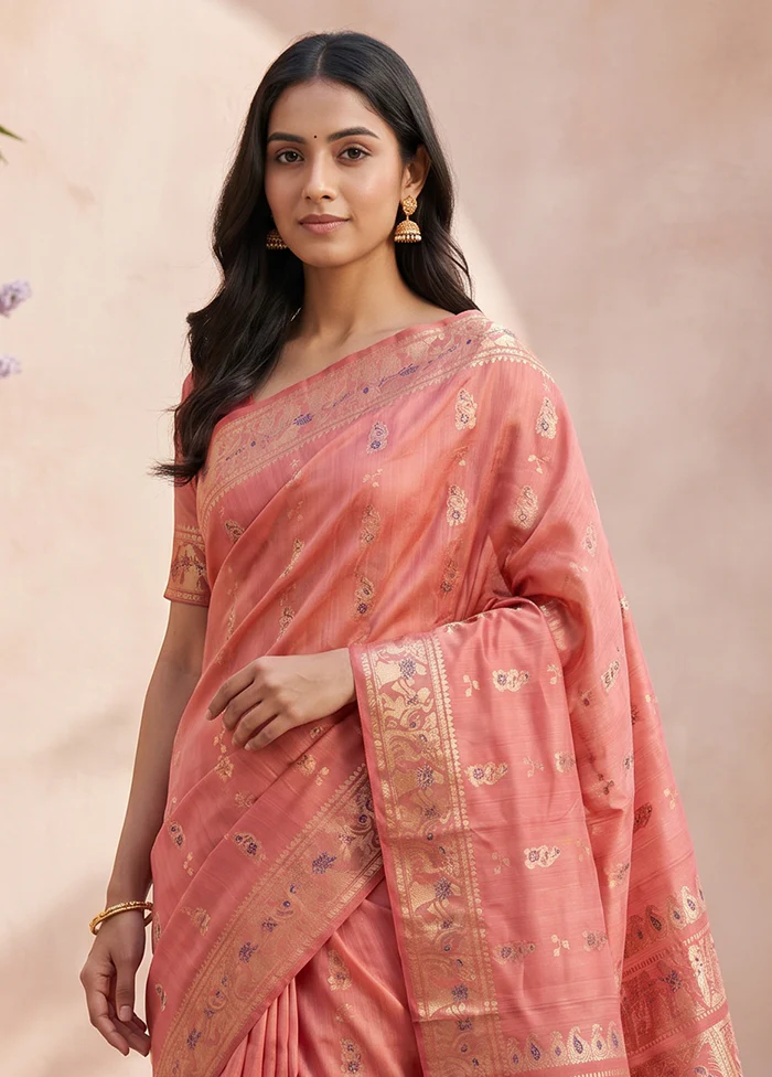 Pink Handloom Baluchari Pure Silk Saree With Blouse Piece - Image 2