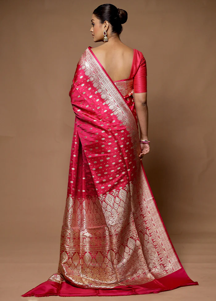 Pink Handloom Banarasi Pure Silk Saree With Blouse Piece - Image 3
