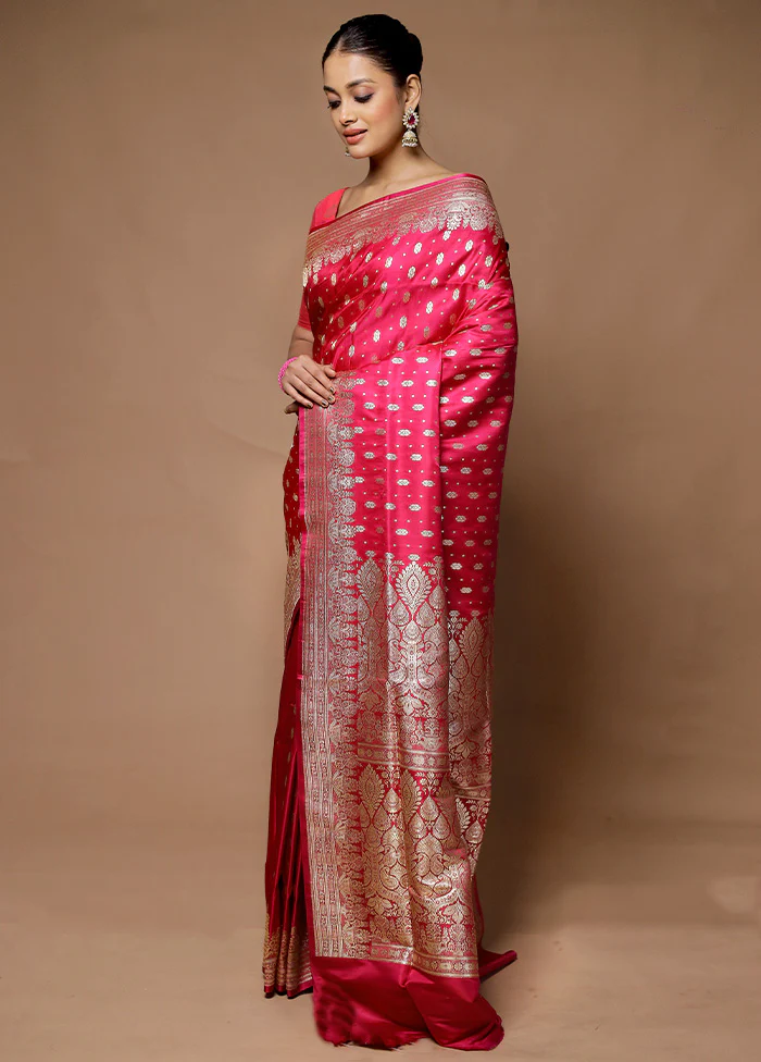Pink Handloom Banarasi Pure Silk Saree With Blouse Piece - Image 4