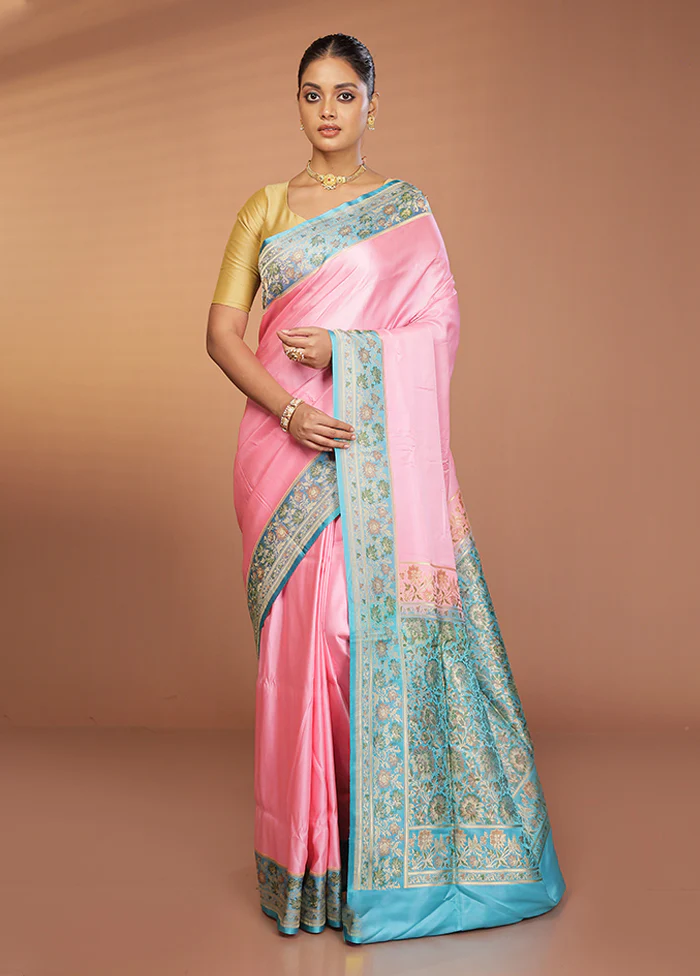 Pink Handloom Banarasi Pure Silk Saree With Blouse Piece - Image 2
