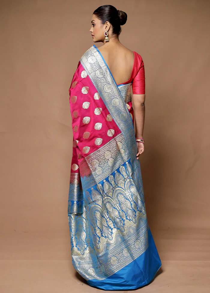 Pink Handloom Banarasi Pure Silk Saree With Blouse Piece - Image 3