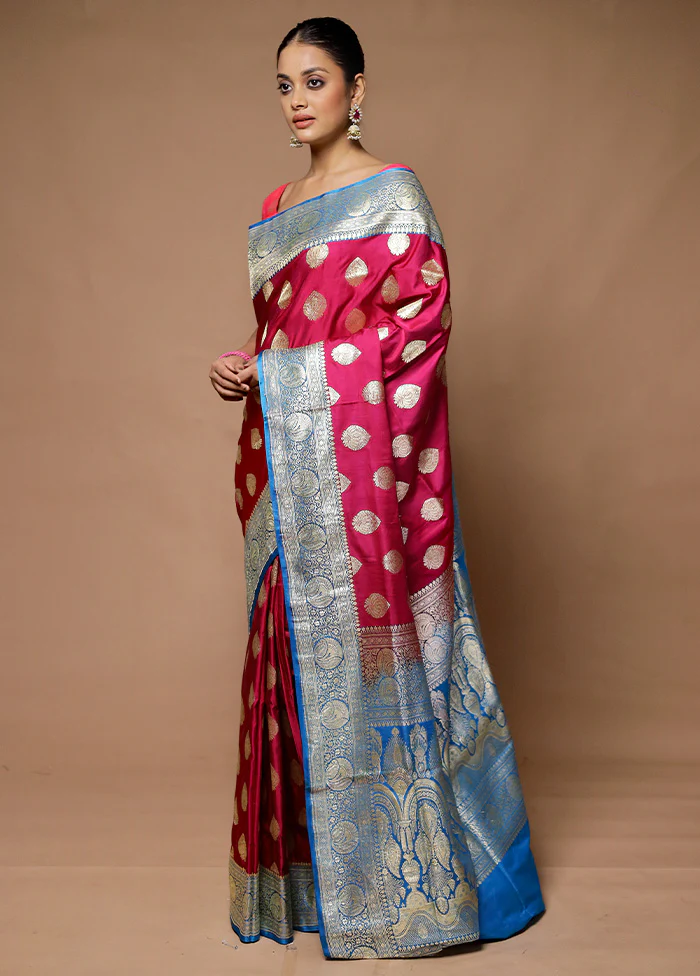 Pink Handloom Banarasi Pure Silk Saree With Blouse Piece - Image 4