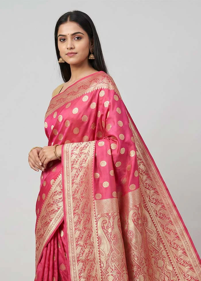 Pink Handloom Banarasi Pure Silk Saree With Blouse Piece - Image 2