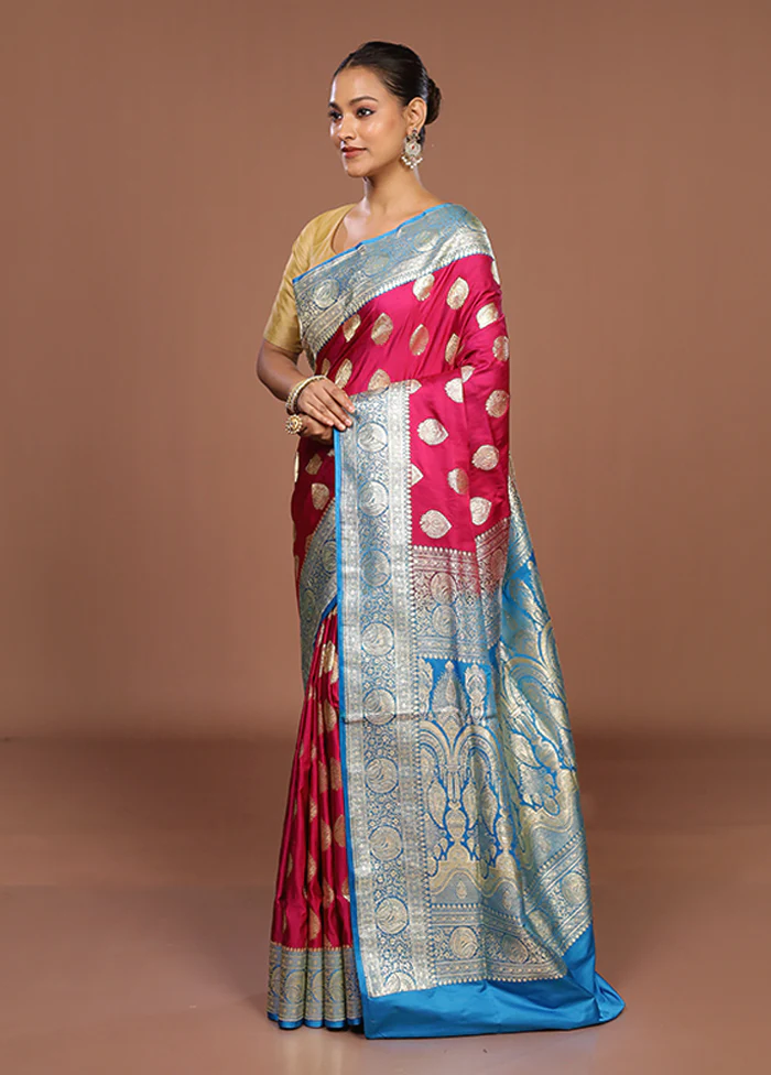Pink Handloom Banarasi Pure Silk Saree With Blouse Piece - Image 4