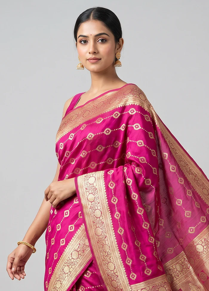 Pink Handloom Banarasi Pure Silk Saree With Blouse Piece - Image 2