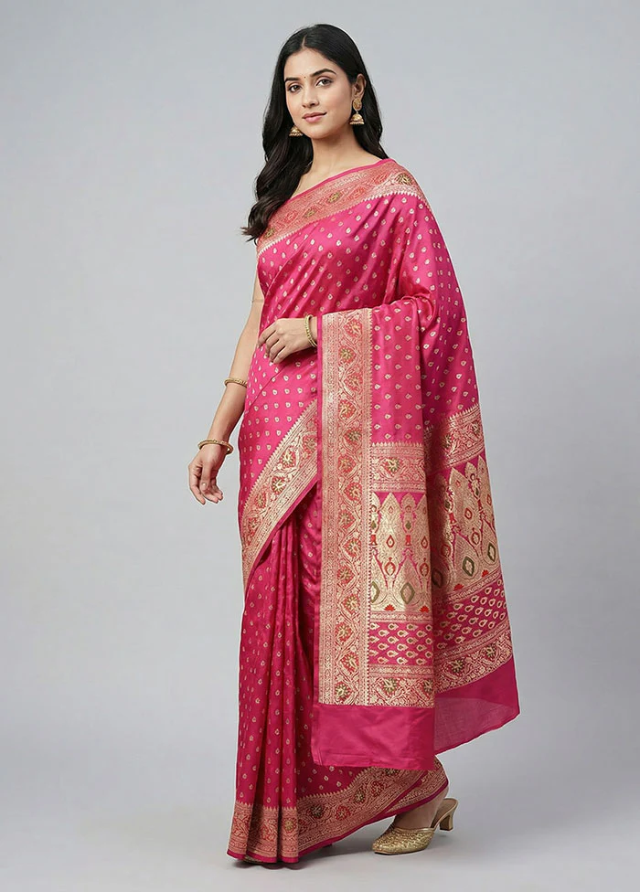 Pink Handloom Banarasi Pure Silk Saree With Blouse Piece
