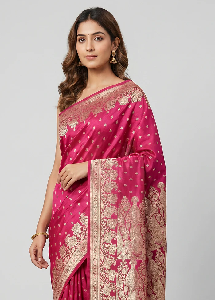 Pink Handloom Banarasi Pure Silk Saree With Blouse Piece - Image 2