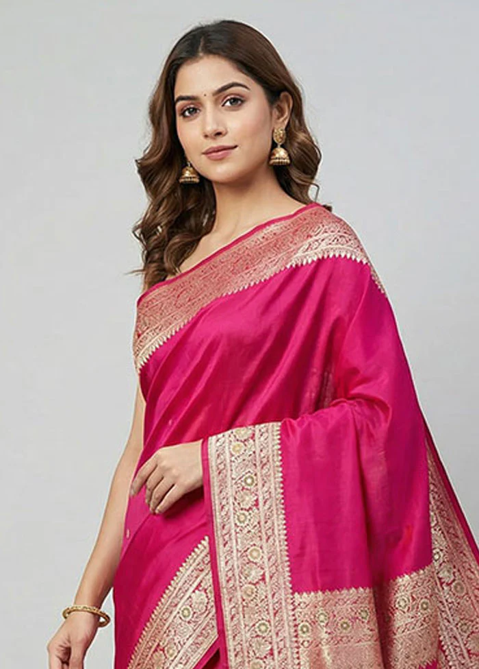 Pink Handloom Banarasi Pure Silk Saree With Blouse Piece - Image 2