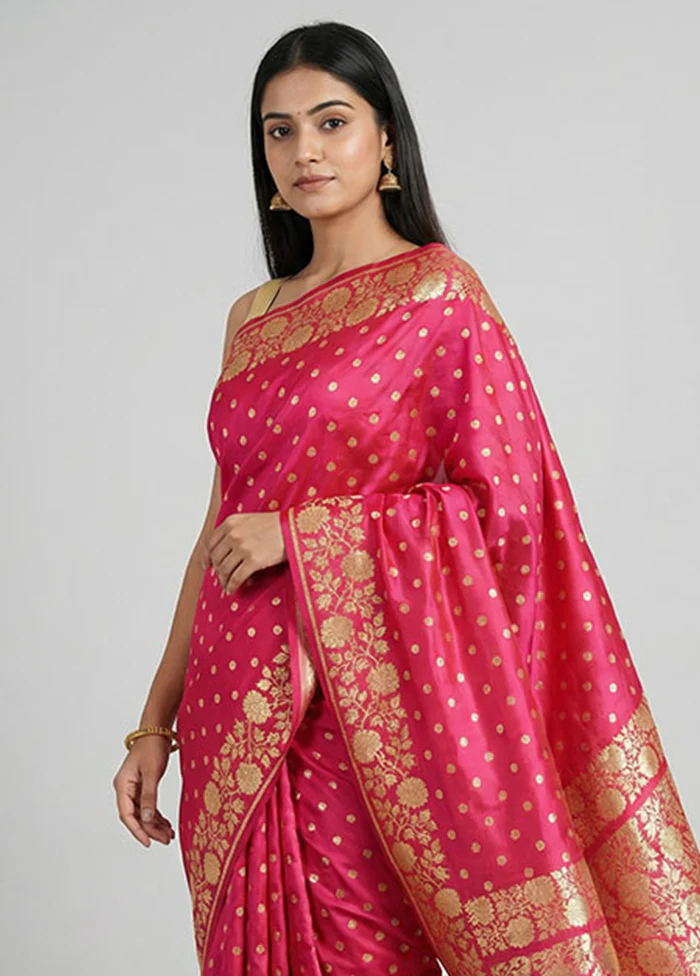 Pink Handloom Banarasi Pure Silk Saree With Blouse Piece - Image 2