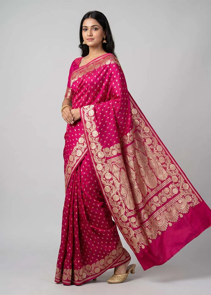 Pink Handloom Banarasi Pure Silk Saree With Blouse Piece