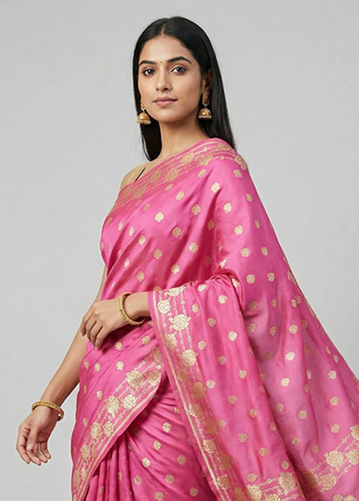 Pink Handloom Banarasi Pure Silk Saree With Blouse Piece - Image 2