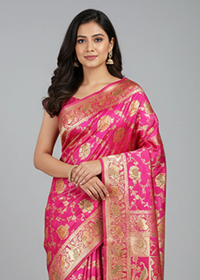 Pink Handloom Banarasi Pure Silk Saree With Blouse Piece - Image 2