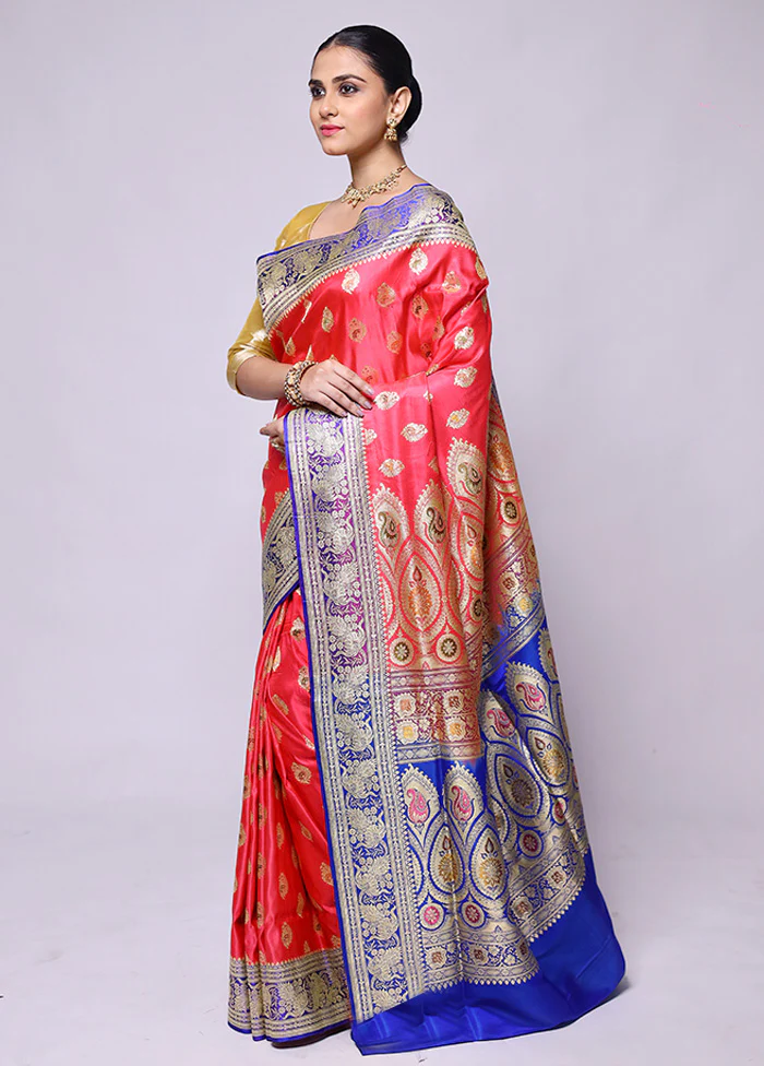 Pink Handloom Banarasi Pure Silk Saree With Blouse Piece - Image 4