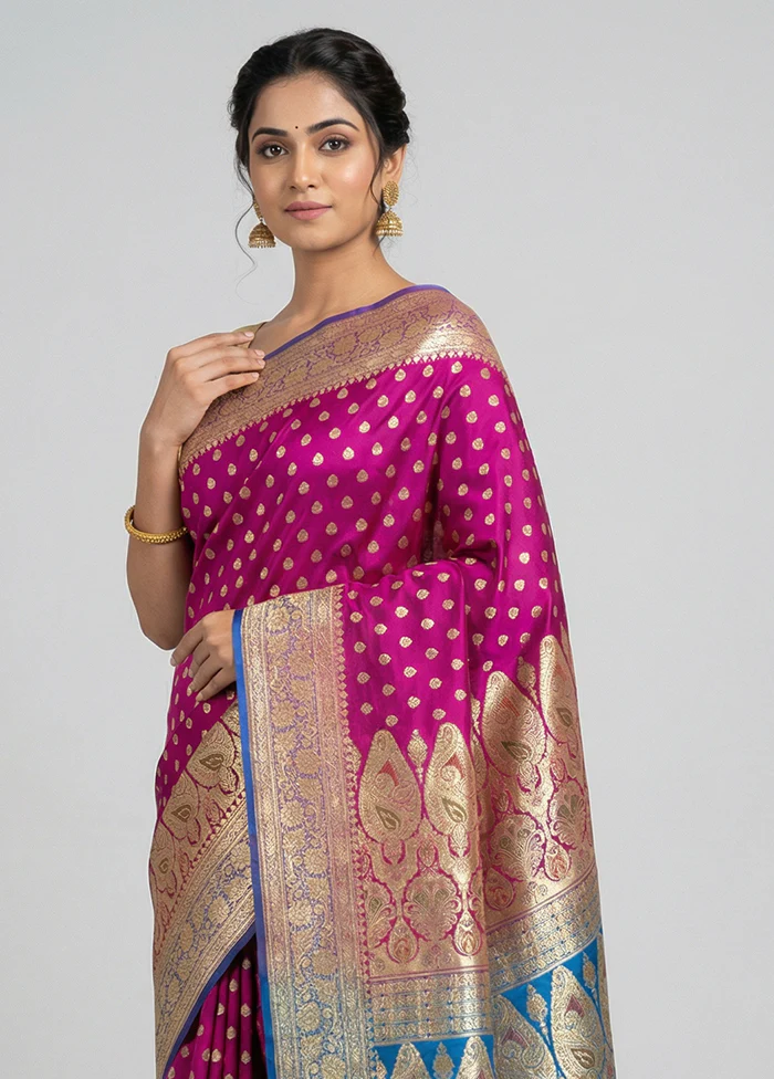 Pink Handloom Banarasi Pure Silk Saree With Blouse Piece - Image 2