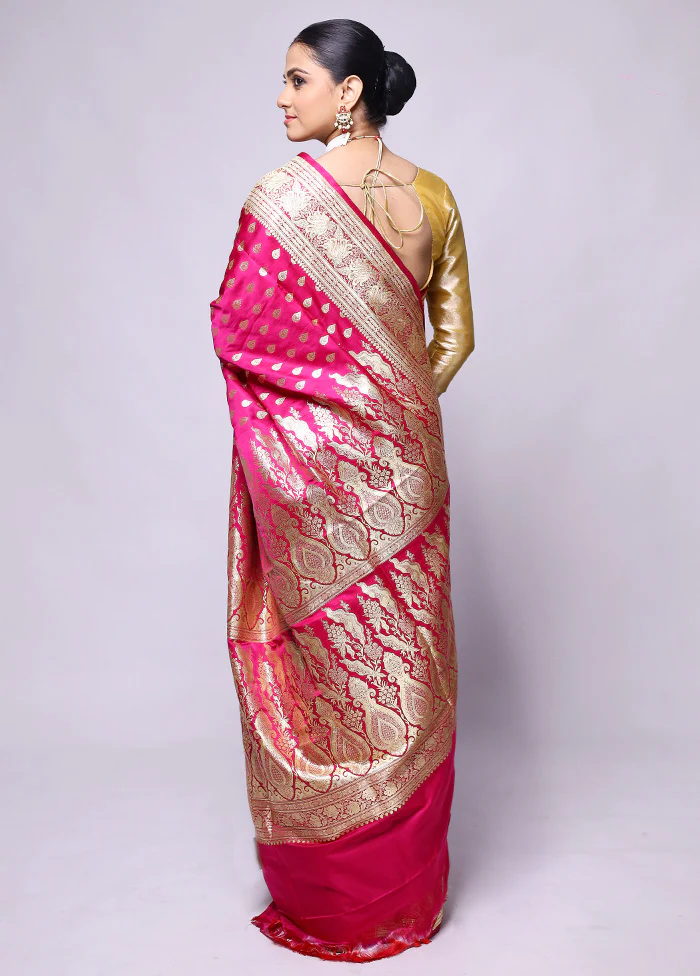 Pink Handloom Banarasi Pure Silk Saree With Blouse Piece - Image 3