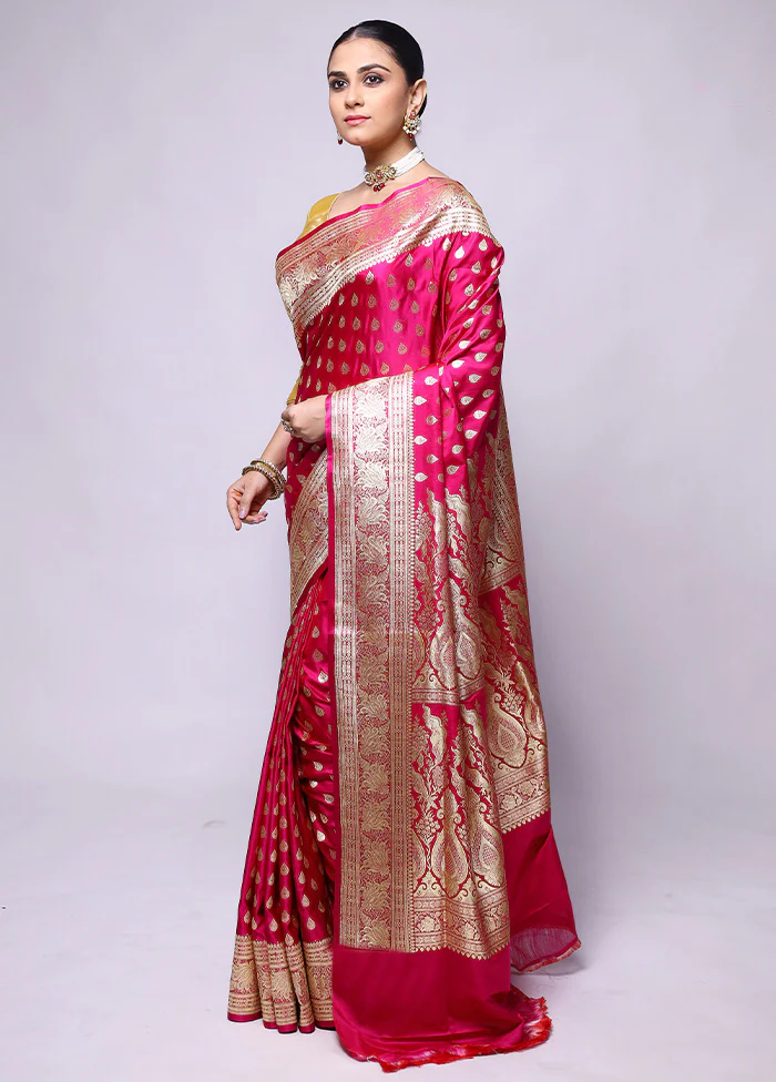 Pink Handloom Banarasi Pure Silk Saree With Blouse Piece - Image 4
