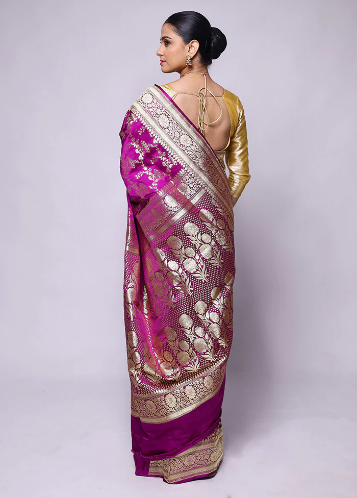Pink Handloom Banarasi Pure Silk Saree With Blouse Piece - Image 3