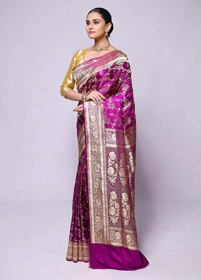 Pink Handloom Banarasi Pure Silk Saree With Blouse Piece - Image 4