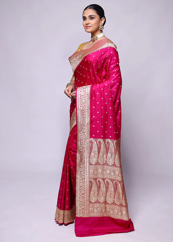 Pink Handloom Banarasi Pure Silk Saree With Blouse Piece - Image 4