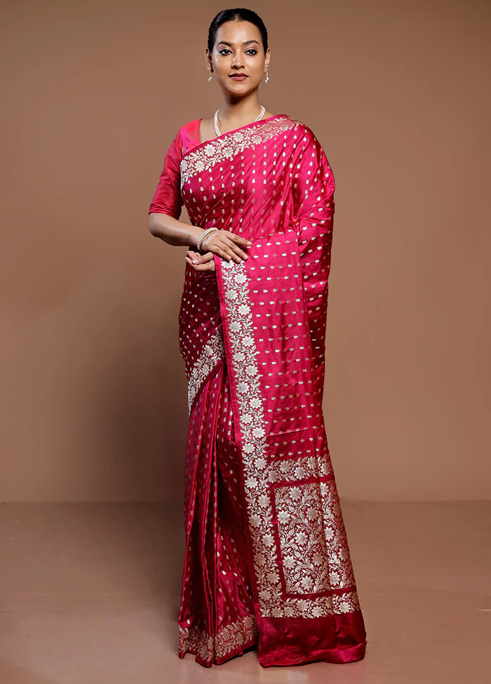Pink Handloom Banarasi Pure Silk Saree With Blouse Piece