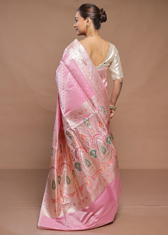 Pink Handloom Banarasi Pure Silk Saree With Blouse Piece - Image 3