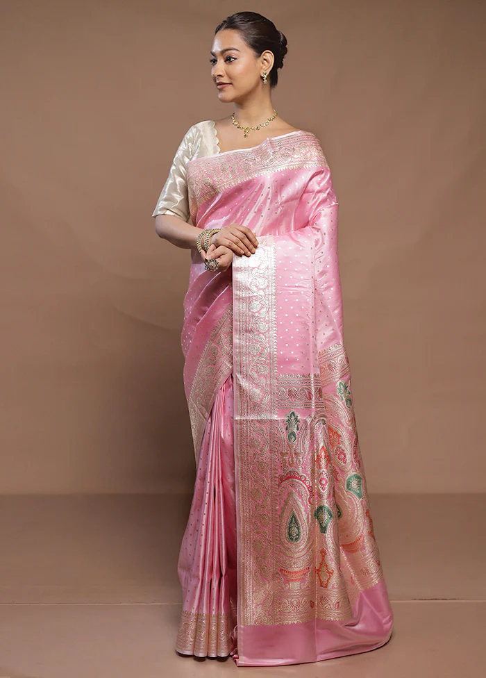 Pink Handloom Banarasi Pure Silk Saree With Blouse Piece - Image 4
