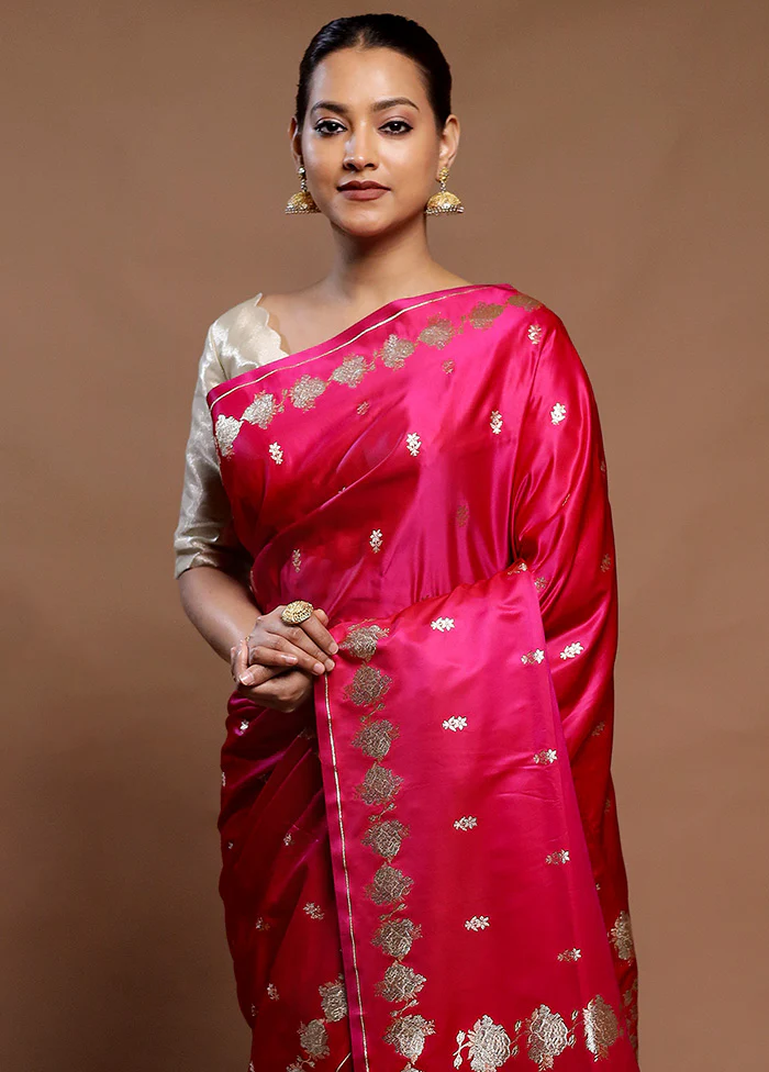 Pink Handloom Banarasi Pure Silk Saree With Blouse Piece - Image 2