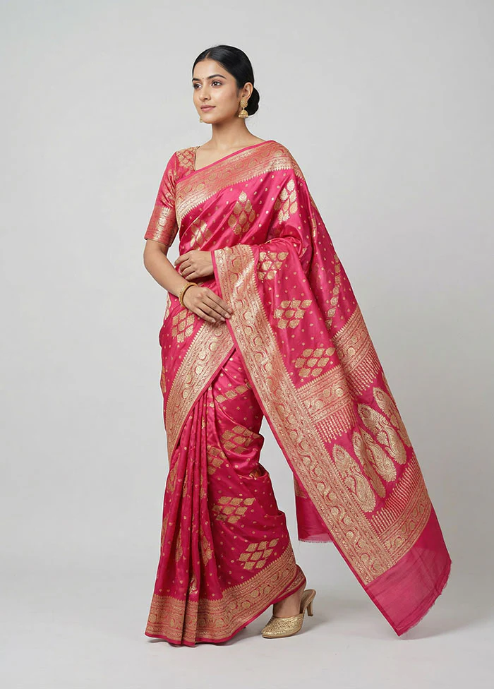 Pink Handloom Banarasi Pure Silk Saree With Blouse Piece