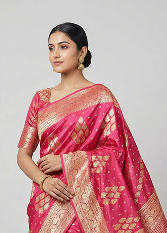 Pink Handloom Banarasi Pure Silk Saree With Blouse Piece - Image 2
