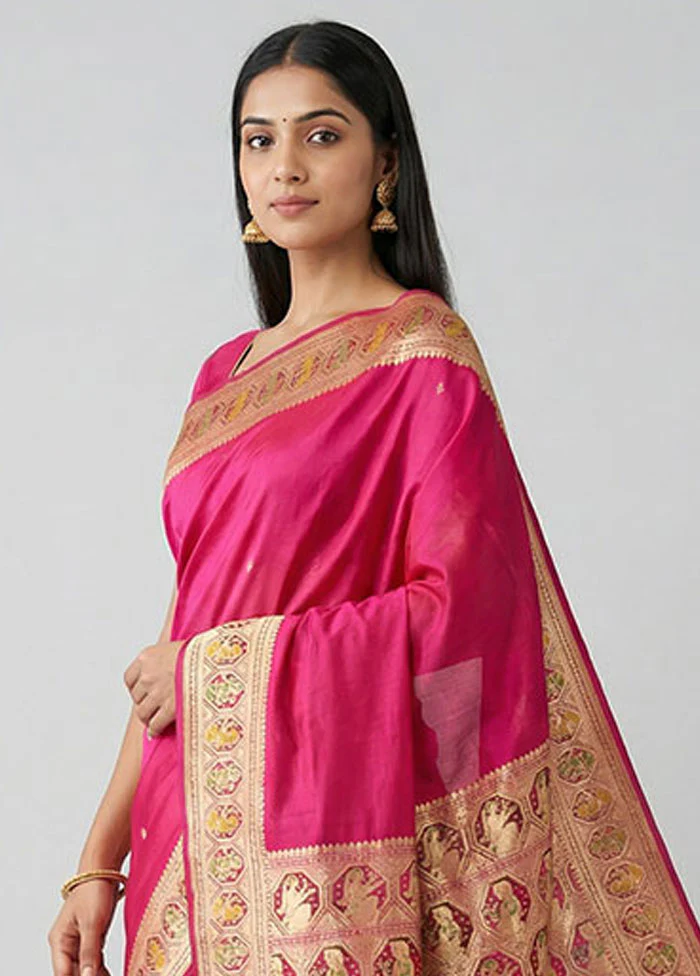 Pink Handloom Banarasi Pure Silk Saree With Blouse Piece - Image 2
