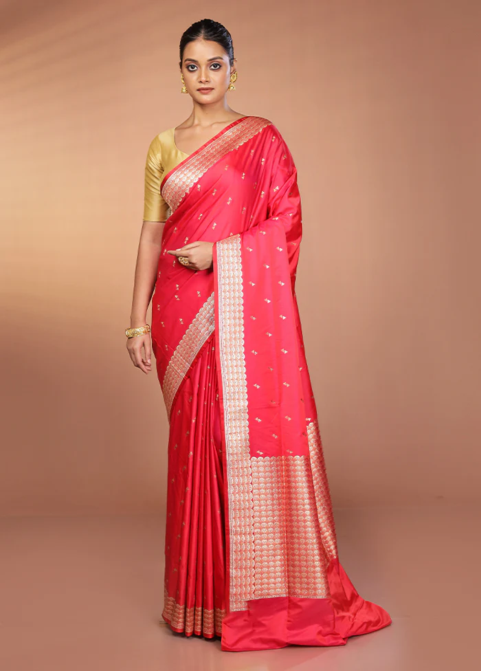 Pink Handloom Banarasi Pure Silk Saree With Blouse Piece - Image 2