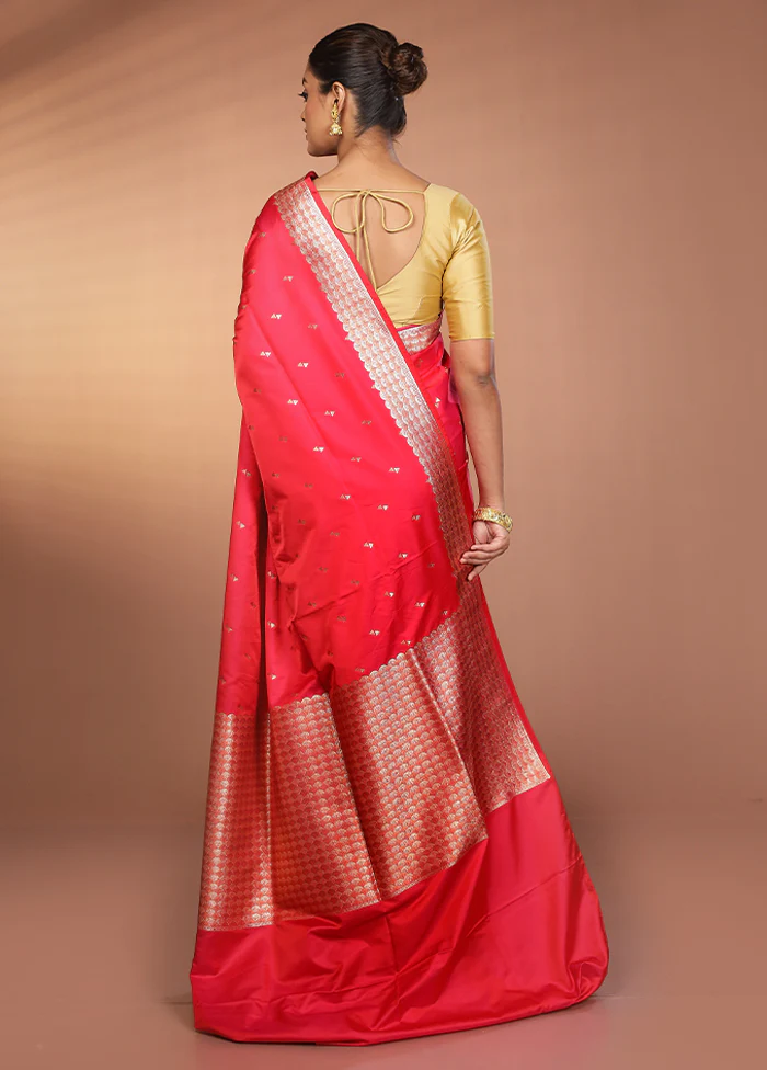 Pink Handloom Banarasi Pure Silk Saree With Blouse Piece - Image 3