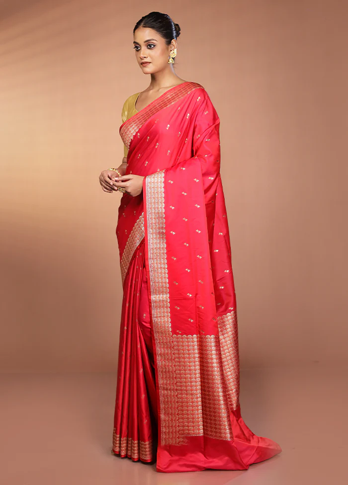 Pink Handloom Banarasi Pure Silk Saree With Blouse Piece - Image 4