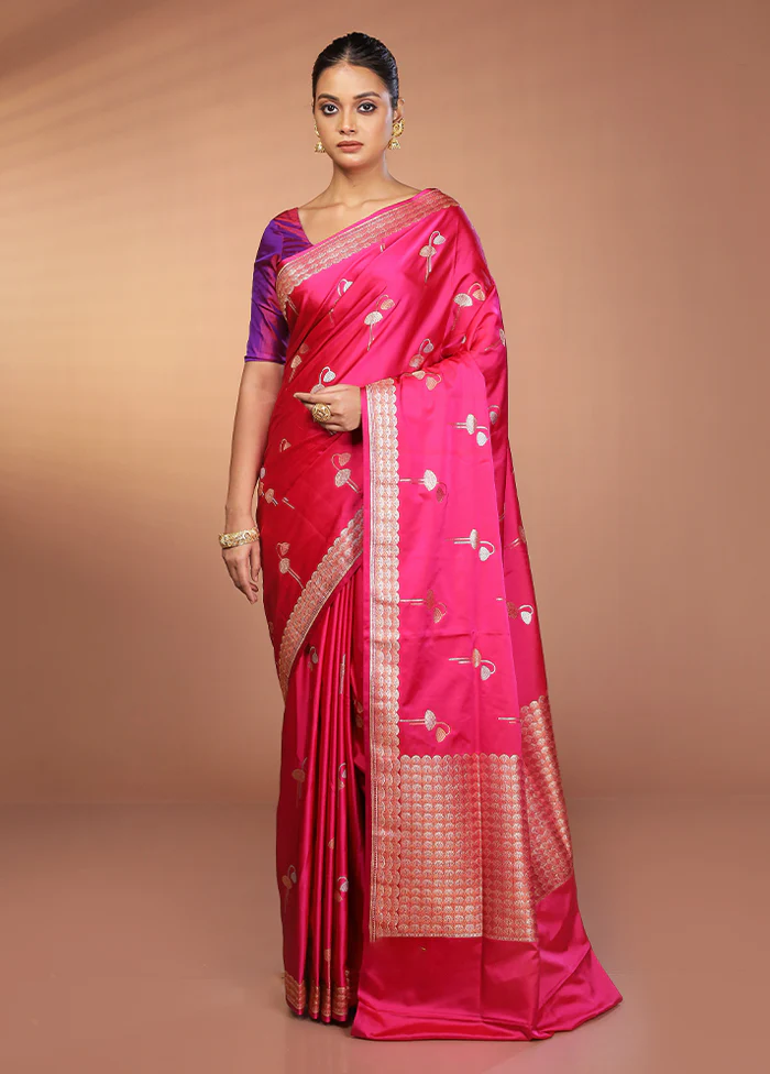 Pink Handloom Banarasi Pure Silk Saree With Blouse Piece - Image 2