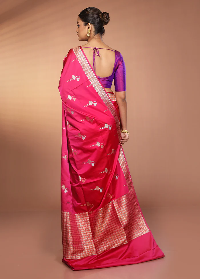 Pink Handloom Banarasi Pure Silk Saree With Blouse Piece - Image 3