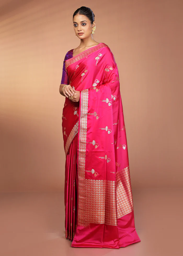 Pink Handloom Banarasi Pure Silk Saree With Blouse Piece - Image 4
