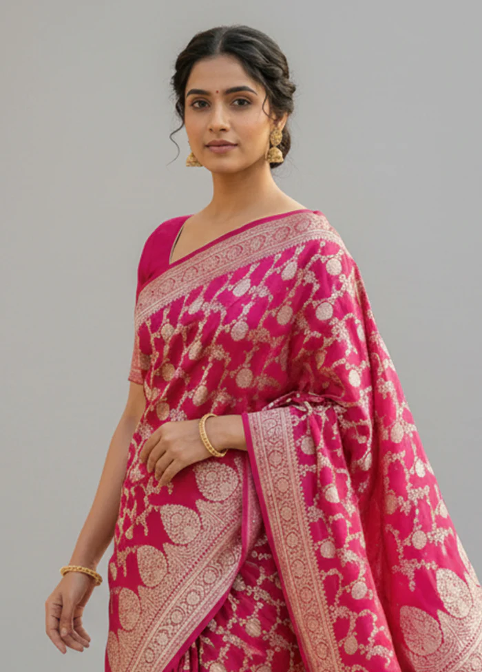 Pink Handloom Banarasi Pure Silk Saree With Blouse Piece - Image 2