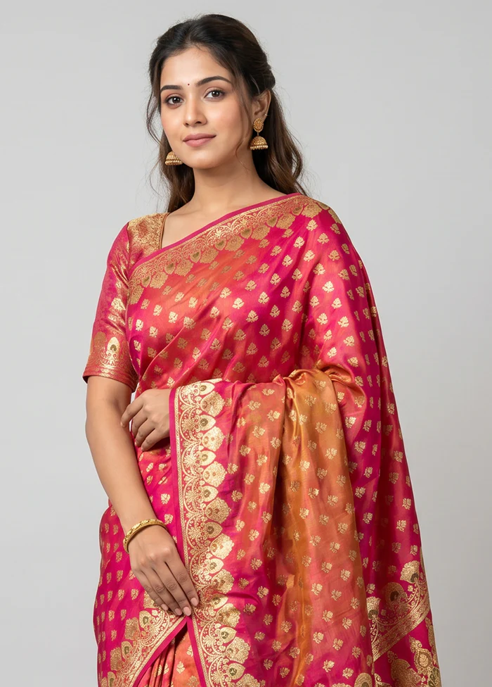 Pink Handloom Banarasi Pure Silk Saree With Blouse Piece - Image 2