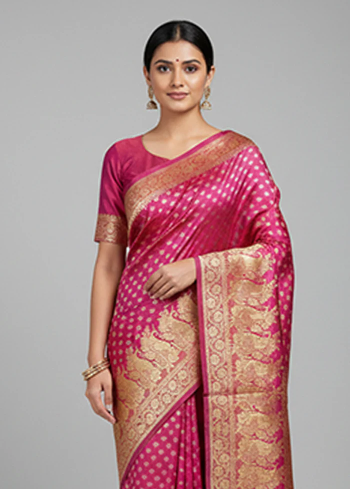 Pink Handloom Banarasi Pure Silk Saree With Blouse Piece - Image 2
