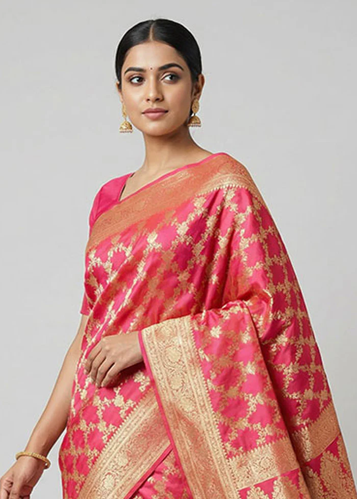 Pink Handloom Banarasi Pure Silk Saree With Blouse Piece - Image 2