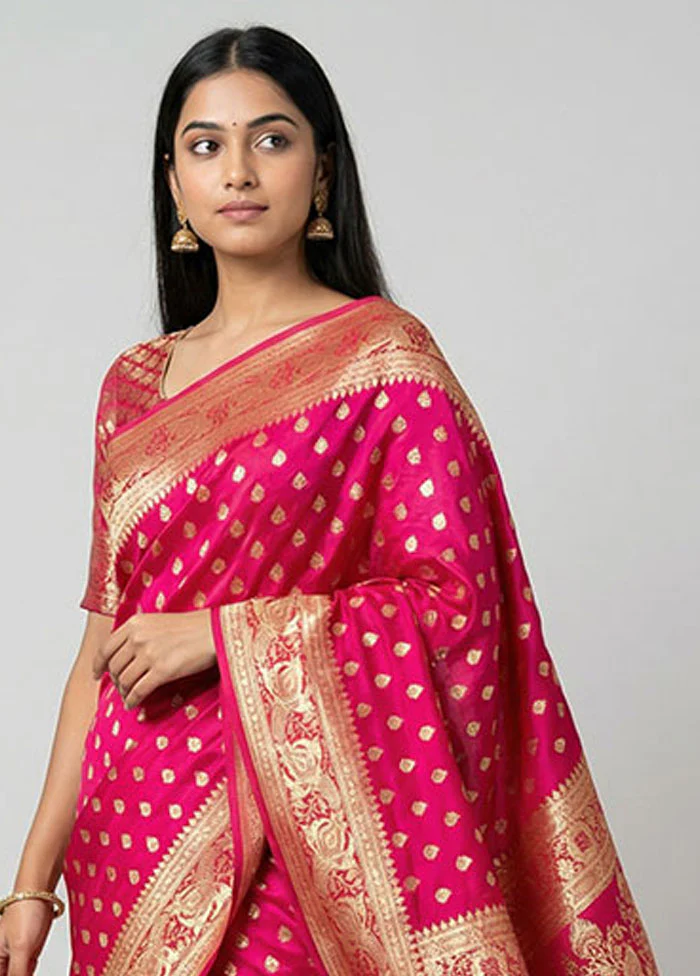 Pink Handloom Banarasi Pure Silk Saree With Blouse Piece - Image 2