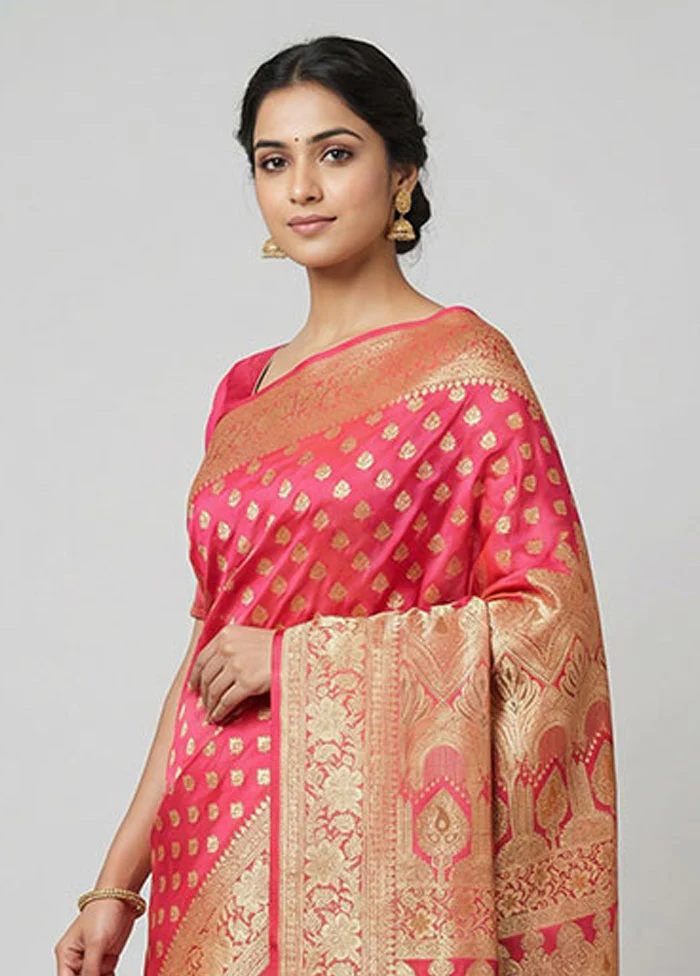 Pink Handloom Banarasi Pure Silk Saree With Blouse Piece - Image 2
